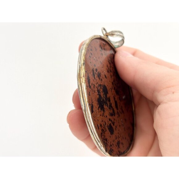 Mahogany Obsidian Oval Crystal Shaped Large Silver Toned Vintage Pendant - Picture 9 of 12